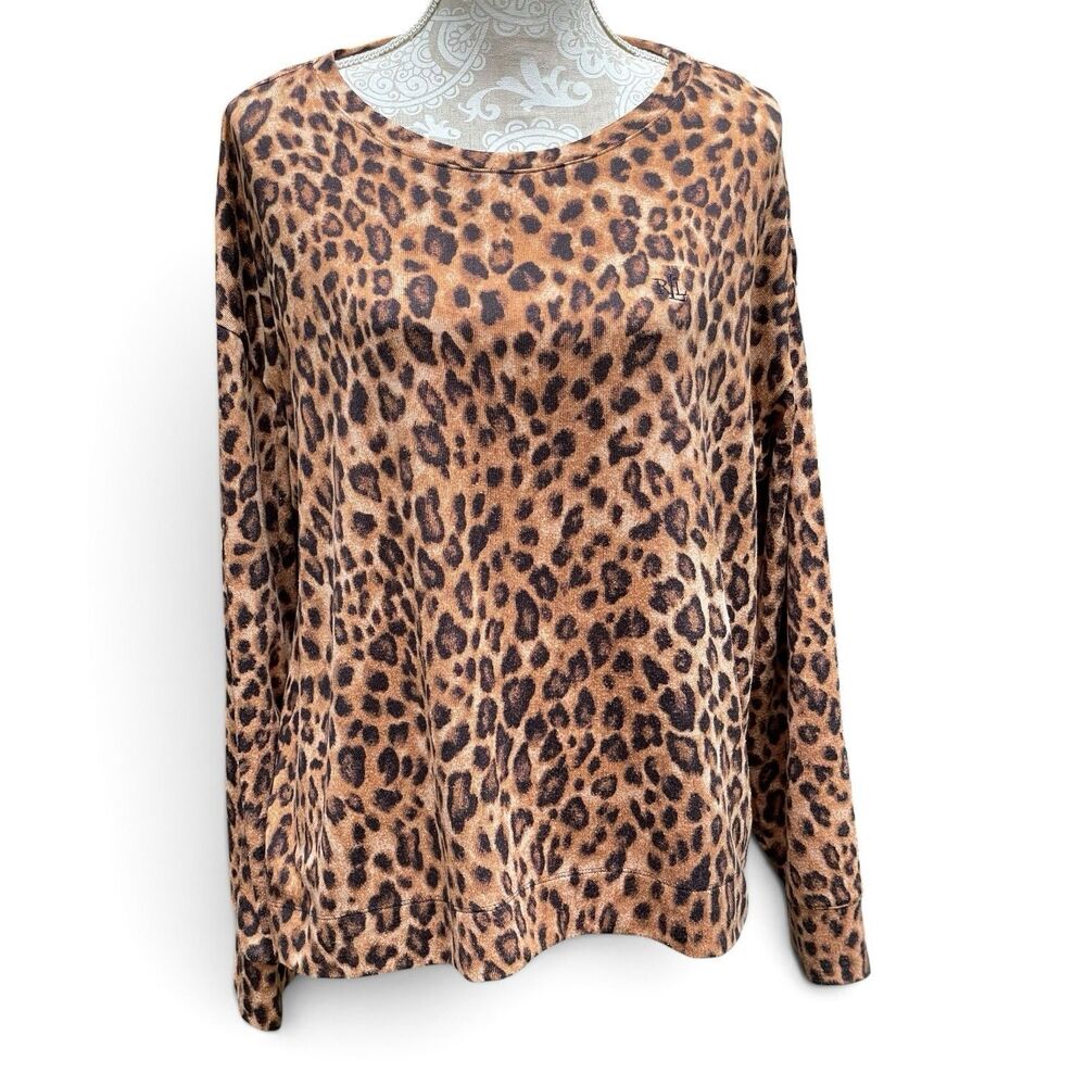 Lauren Ralph Lauren Leopard Print Knit Top Women's XL Animal Print Casual Soft